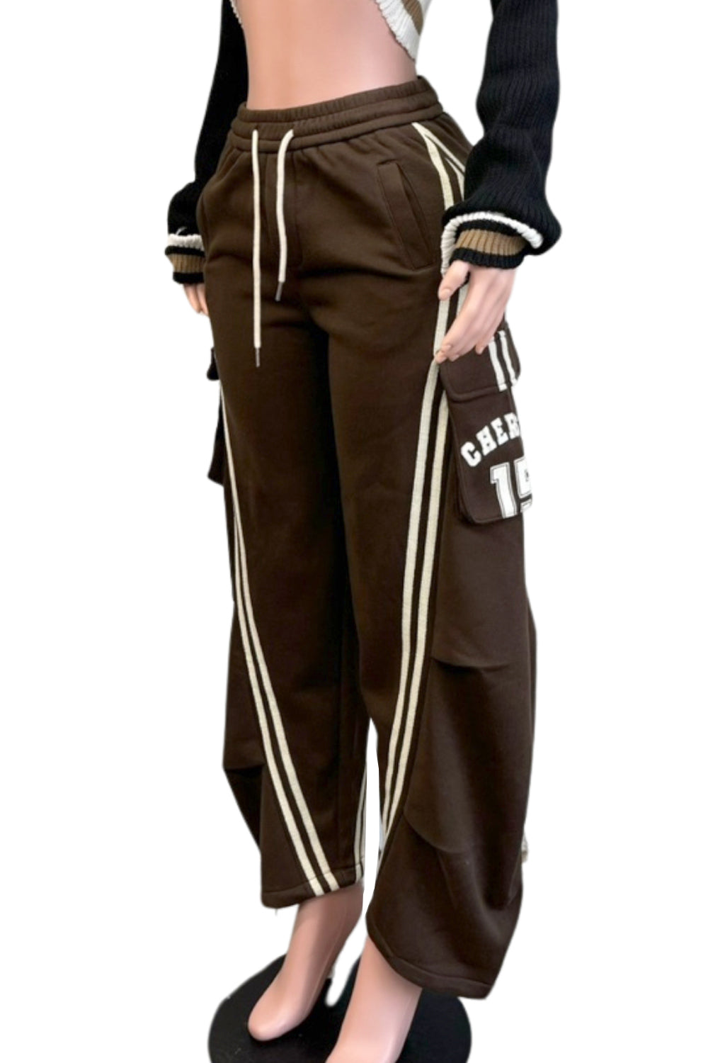 Fleece Cargo Jogger Pants with Striped Detail